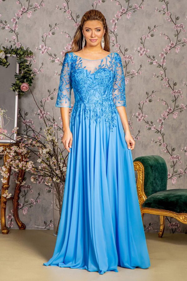 Bead Embroidery Sheer Neckline V-back Chiffon A-line Long Dress - Global thive