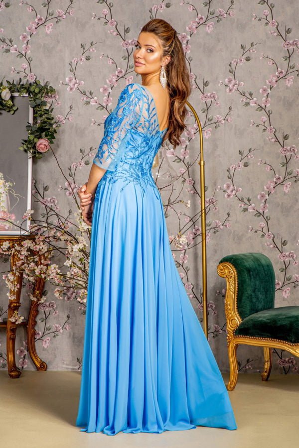 Bead Embroidery Sheer Neckline V-back Chiffon A-line Long Dress - Global thive