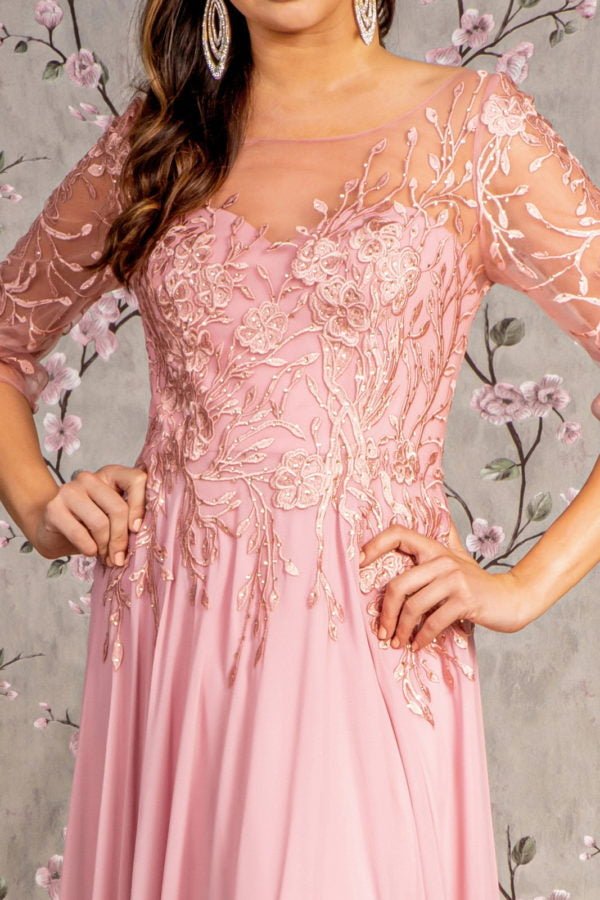 Bead Embroidery Sheer Neckline V-back Chiffon A-line Long Dress - Global thive