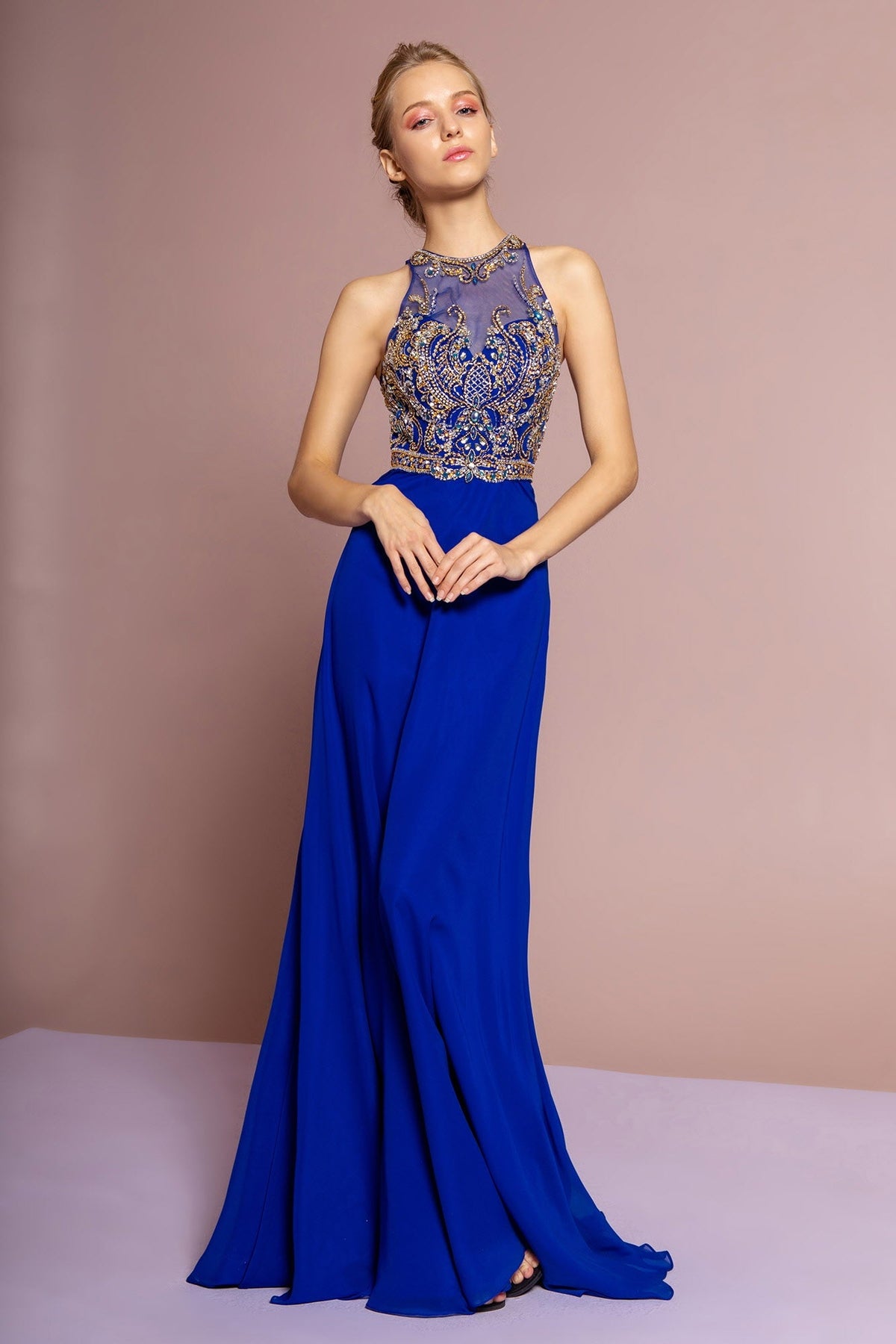 Jewel and Bead Embellished Long Dress with Back Cut Out - Global thive
