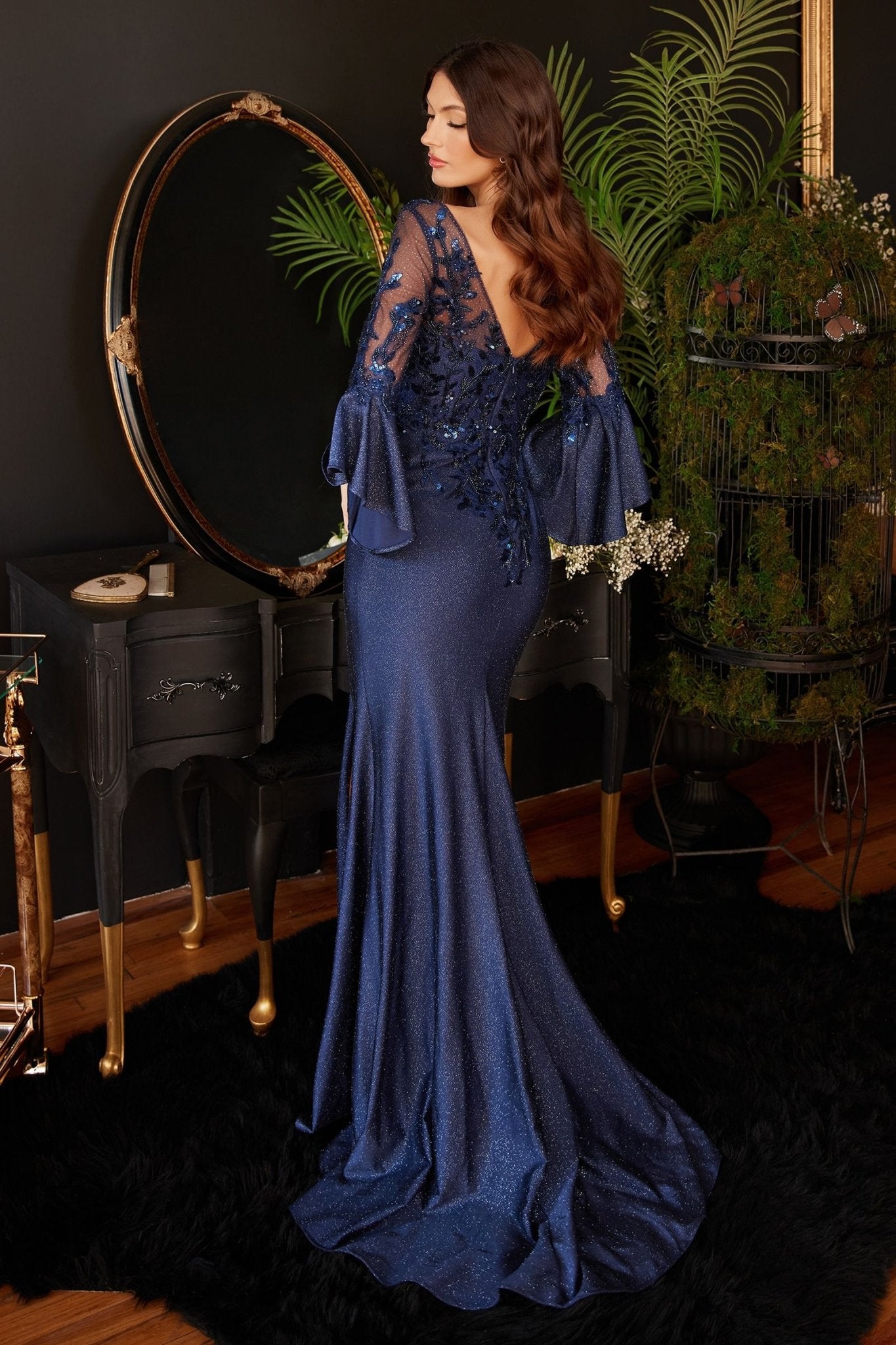 Long Bell Sleeve Lace & Satin Gown - Global thive