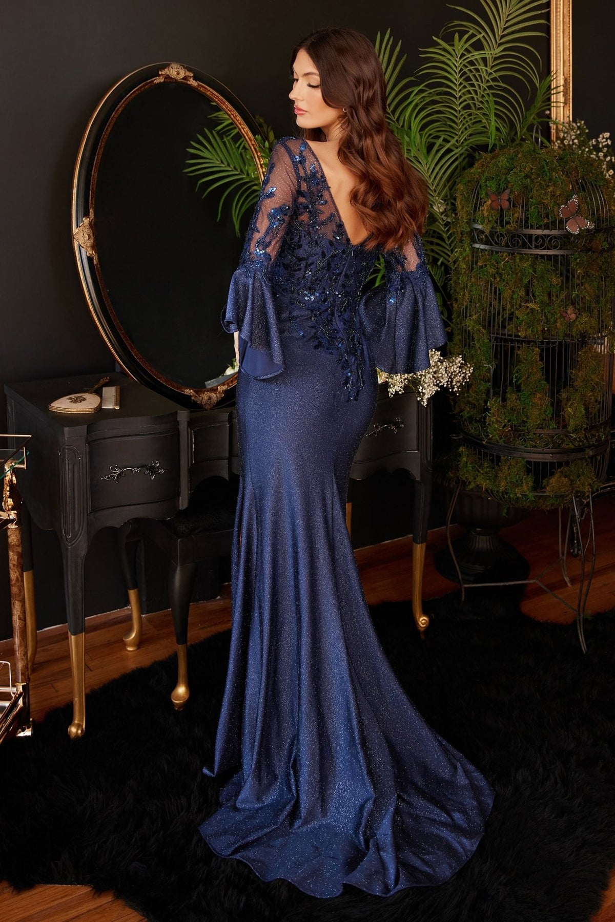 Long Bell Sleeve Lace & Satin Gown - Global thive
